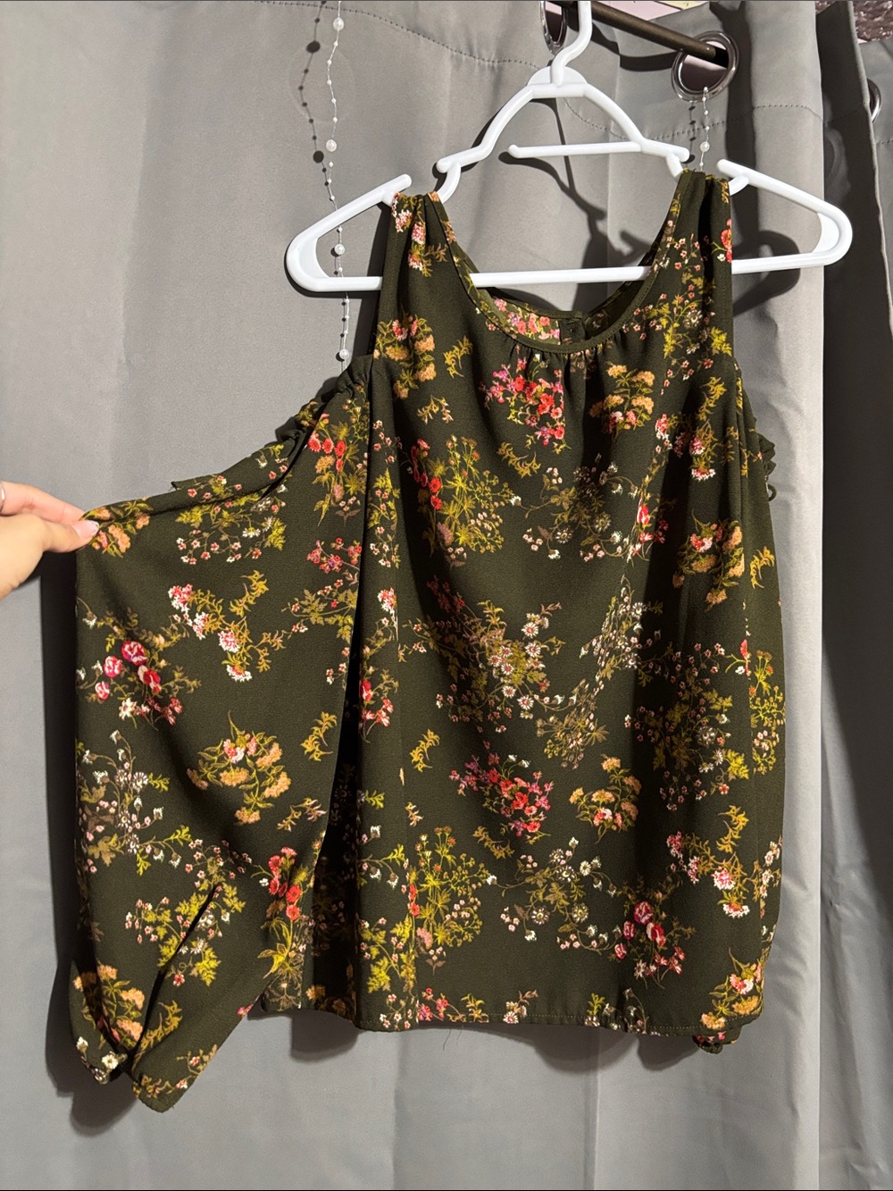 LC Lauren Conrad floral shoulder blouse with long sleeves and a button-down back